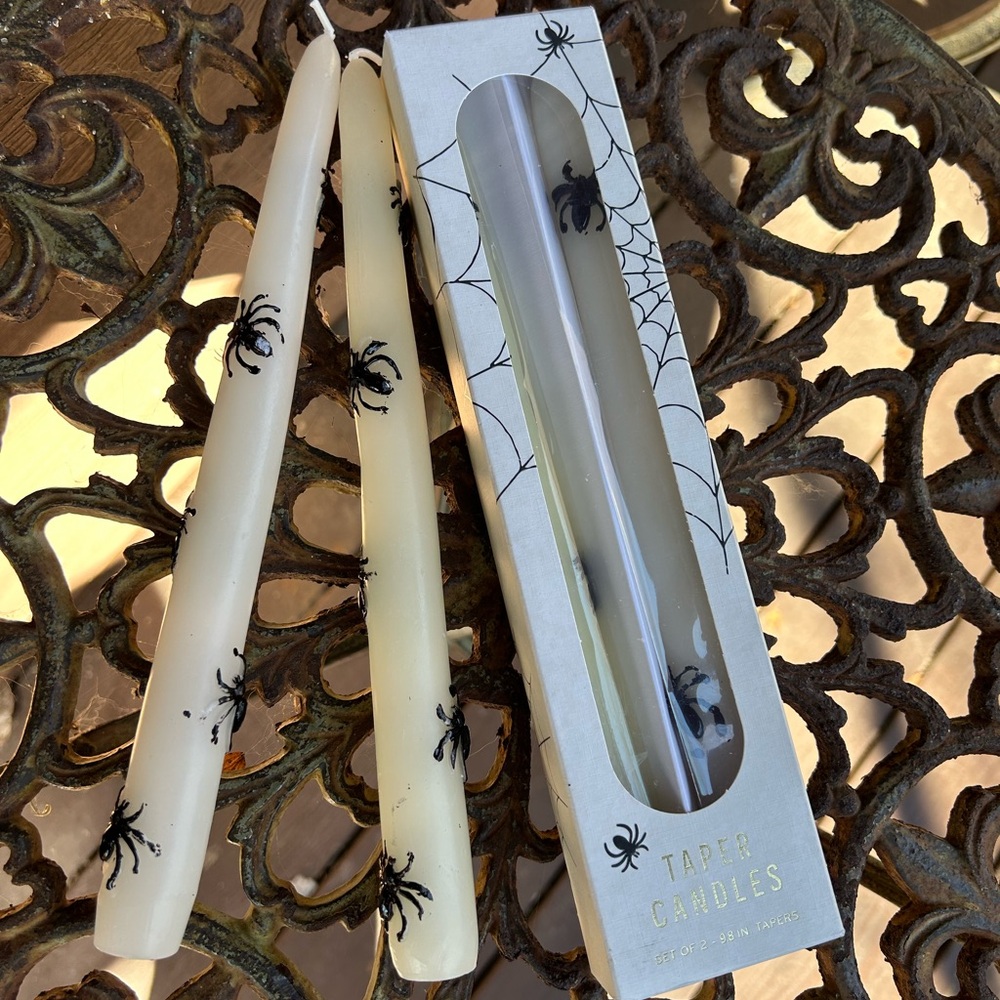 Anthropologie Ivory Taper Candles with Black Spider Motif included 2 candles